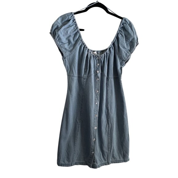 LE LIS Women L Denim Casual 90s Rodeo Puff Sleeve Button Front Mini Dress NWT - Picture 1 of 12